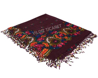KURDİSH SCARF Beaded Burgundy - Mardin Local Scarf, Kurdish Floral Scarf, Ethnic Beaded Scarf