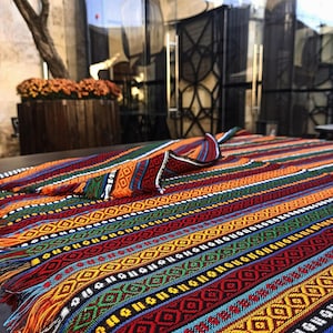 Kurdish Hand-Woven • Ethnic Pattern Tablecloth • Kilim Woven Fringed Tablecloth • Multipurpose Bohemian Style Ethnic Fabric for Home Decor