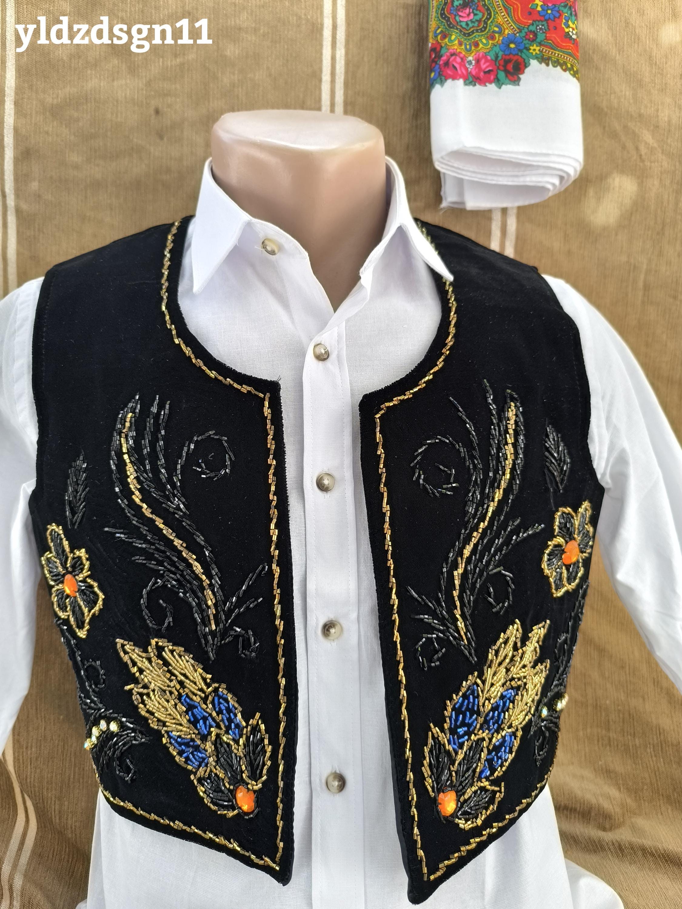 Handmade Velvet Vest, Beaded-sequin Floral Embroidered Black