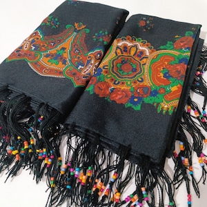 Ethnic Folk Boho Russian Slavic Babushka Floral Patterned Beaded Scarf Modern Chic Square Scarf, Timeless Floral Design | 2 Piece