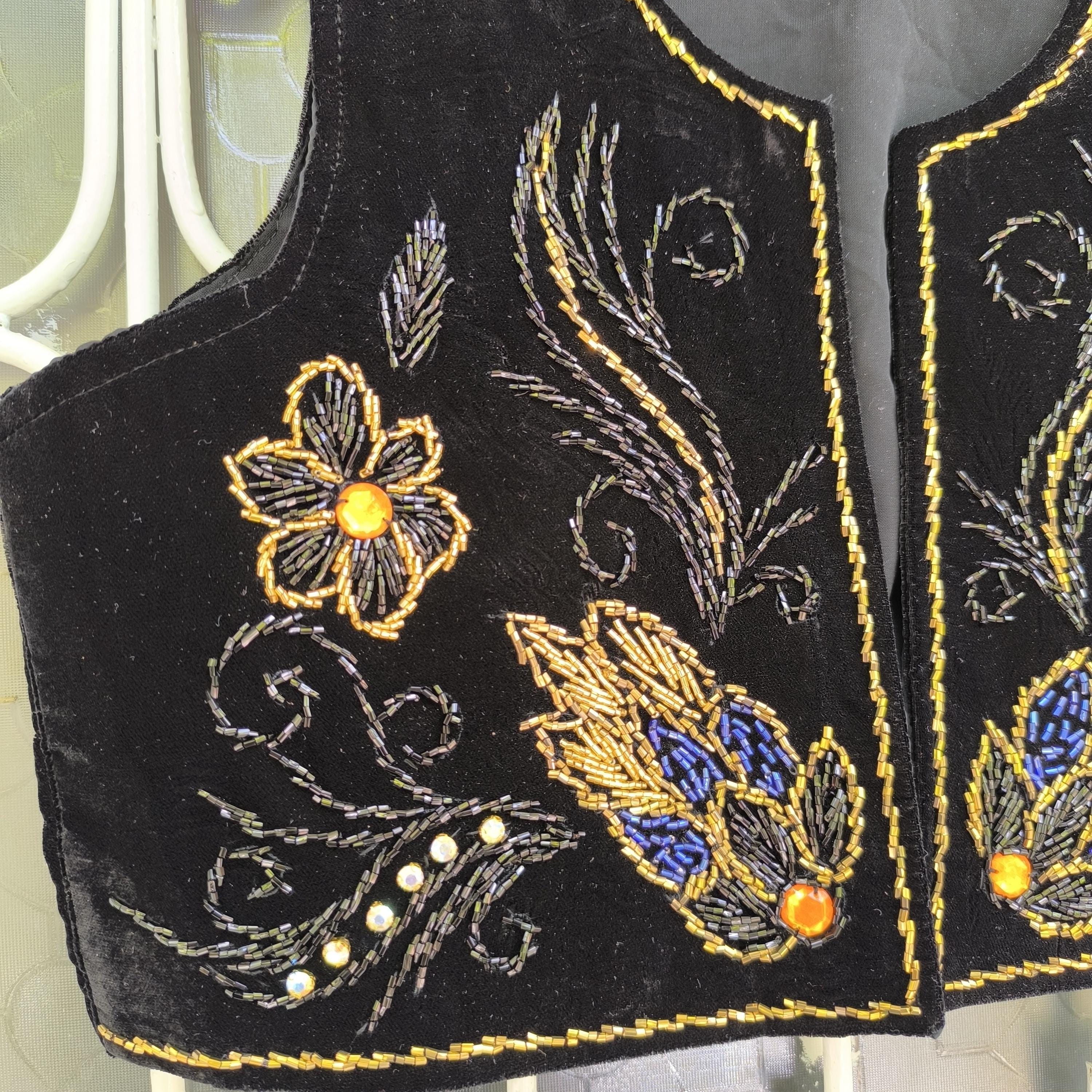 ベスト ジレ BEADS EMBROIDERY VEST レディース Handmade Velvet Vest, Beaded-sequin Floral Embroidered