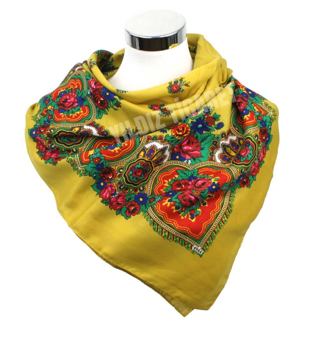 KURDİSH SCARF Mustard Color Kurdish Floral Scarf, Russian Scarf With