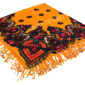 KURDİSH SCARF Beaded Yellow - Mardin Local Scarf, Kurdish Floral Scarf, Ethnic Beaded Scarf