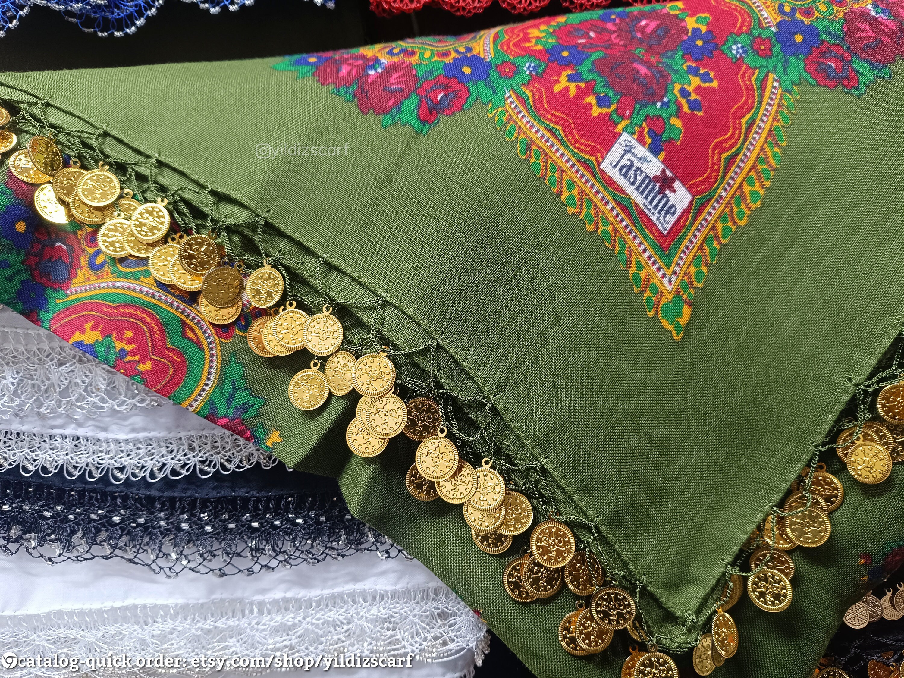 Anatolian / Kurdish, floral pattern sequin green scarf, handmade scarf, non-pilling cotton scarf, personalized gift for mother