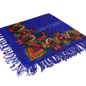 KURDİSH SCARF Beaded Sax Blue - Mardin Local Scarf, Kurdish Floral Scarf, Ethnic Beaded Scarf