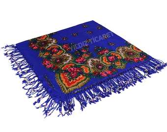 KURDİSH SCARF Beaded Sax Blue - Mardin Local Scarf, Kurdish Floral Scarf, Ethnic Beaded Scarf