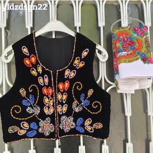 Handmade Velvet Vest, Beaded Sequin Floral Embroidery, Kurdish