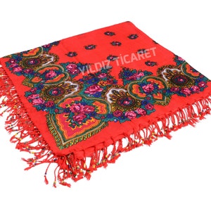 KURDİSH SCARF Beaded Red - Mardin Local Scarf, Kurdish Floral Scarf, Ethnic Beaded Scarf