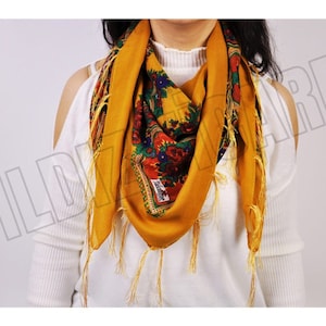 KURDİSH SCARF - Mustard Color, Kurdish Floral Scarf, Russian Scarf with Ethnic Floral Tassels, Ethnic Scarf