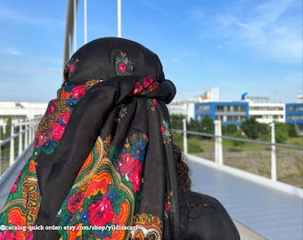 KURDİSH SCARF • Floral Black Scarf • Boho Folk Style • Ethnic Shawl