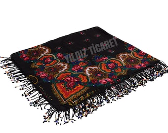 KURDİSH SCARF Beaded Black - Mardin Local Scarf, Kurdish Floral Scarf, Ethnic Beaded Scarf