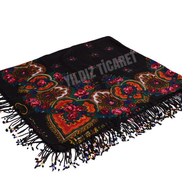 KURDİSH SCARF Beaded Black - Mardin Local Scarf, Kurdish Floral Scarf, Ethnic Beaded Scarf