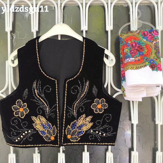 Handmade Velvet Vest, Beaded-sequin Floral Embroidered Black
