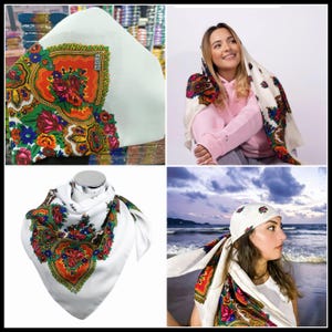 KURDİSH SCARF • Kurdish Floral Scarf • Boho Folk Style • White Shawl • Ethnic Scarves • Luxury Scarf| Personalized Gift