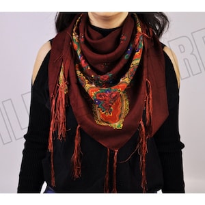 KURDİSH SCARF Burgundy - Kurdish Floral Scarf, Russian Scarf with Ethnic Floral Tassels, Ethnic Scarf