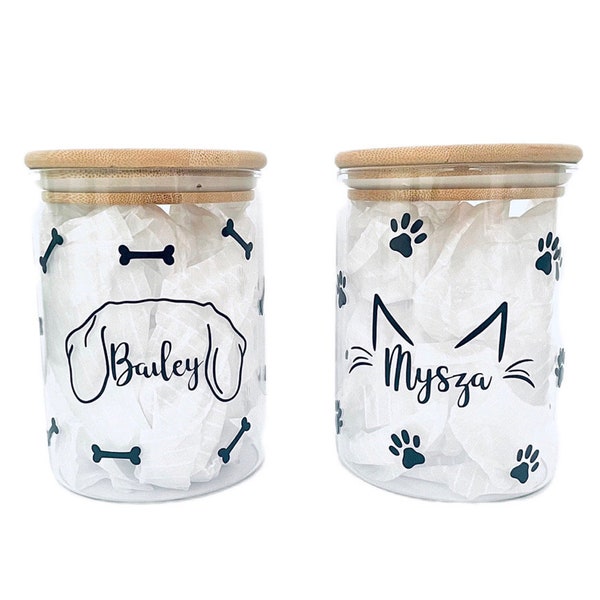 Personalised Dog/Cat treat Glass Storage Jar Canister, Wooden Lid,  Airtight, Dog, Cat