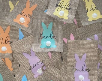 Drawstring Easter Bunny Jute Bag. Personalised Easter Gift.