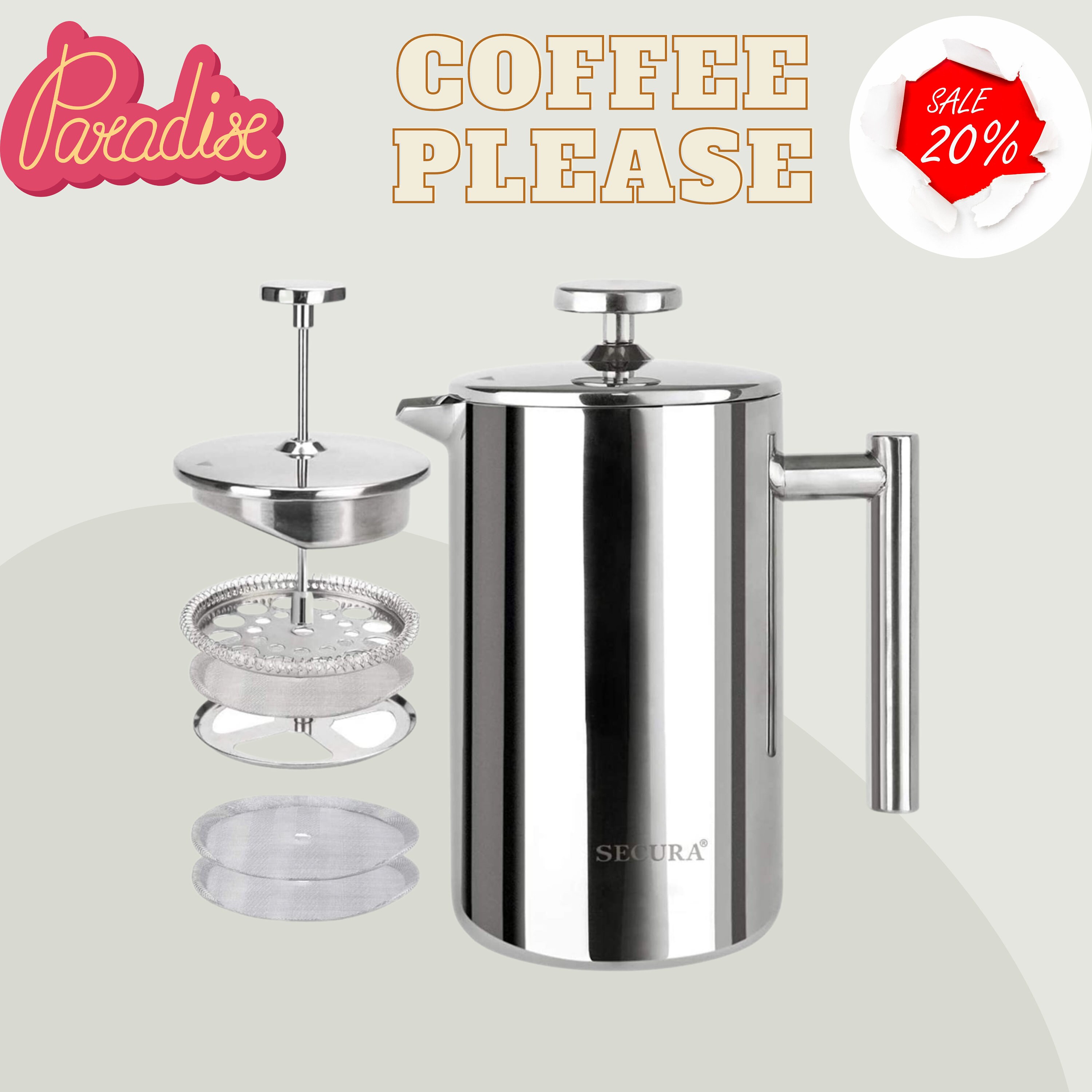 Secura French Press Coffee Maker, 304 Grade Stainless Steel 34 Oz new