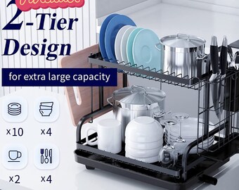 Epsy Large Kitchen 2 Tier Dish Drying Rack and Drainboard Set - Kitche