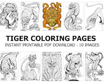 Puede incluir: Diez páginas para colorear imprimibles en blanco y negro con diferentes diseños de tigres. El título "Tiger Coloring Pages" está en la parte superior de la página, y el texto "Instant Printable PDF Download - 10 Images" está debajo del título.