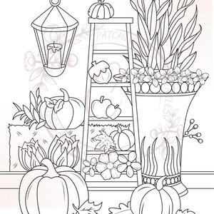 May include: A black and white line drawing of a fall themed still life. A ladder with pumpkins, apples, and leaves on the shelves. A large vase with flowers and a lantern with a candle.
