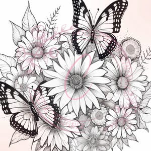 Página para colorear de un ramo de mariposas monarca, tamaño carta, tamaño póster, JPEG y PDF, 300 ppp, dibujo detallado, mariposas y flores, descarga instantánea
