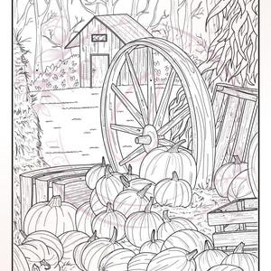 May include: A black and white line drawing of a large wooden wagon wheel with a pile of pumpkins in front of it. The pumpkins are of various sizes and shapes. There is a small wooden building in the background.