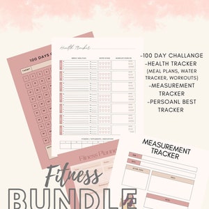 Peut inclure: Un lot de documents imprimables pour le fitness avec des accents roses et gris. Le lot comprend un suivi de défi de 100 jours, un suivi des mesures et un planificateur de fitness. Le texte "Fitness Bundle" est en grandes lettres grises.