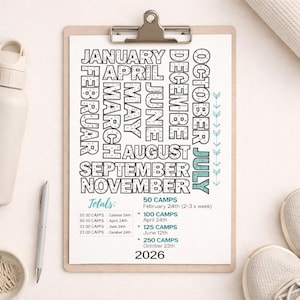 Planificador de entrenamiento Boot Camp 2026, planificador mensual de objetivos, motivación para levantar pesas (sin domingos)