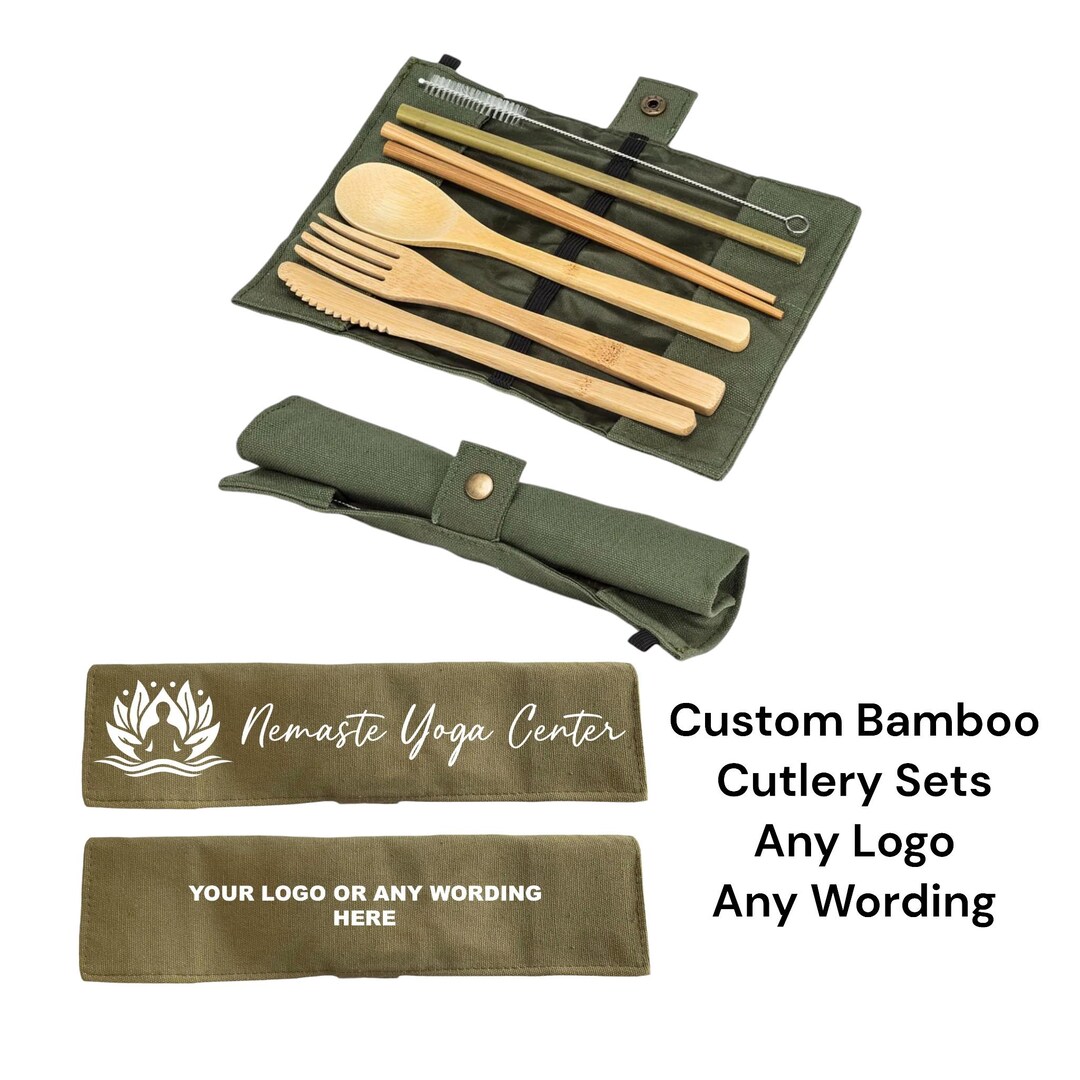 Custom Logo Bamboo Cutlery Set: Reusable Utensils With Pouch - Etsy