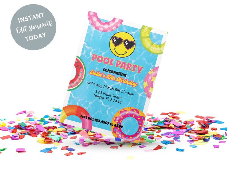 Smiley Face Preppy Pool Party Invitation, Pool Party Printable Invite ...