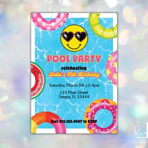 Smiley Face Preppy Pool Party Invitation, Pool Party Printable Invite, Teen Birthday Invitation