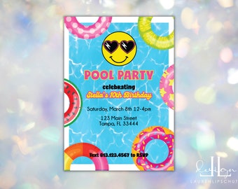 Smiley Face Preppy Pool Party Invitation, Pool Party Printable Invite, Teen Birthday Invitation