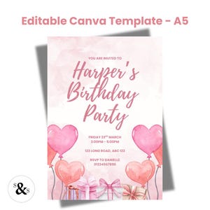 Invitación de cumpleaños con globo de corazón rosa / Plantilla editable de Canva / Invitación para fiesta de cumpleaños de niña / Descarga instantánea / Tarjeta de cumpleaños digital