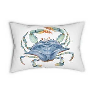 Blue Stone Crab Coastal Home Décor Lumbar Pillow Water color coastal beach home accent throw pillow.