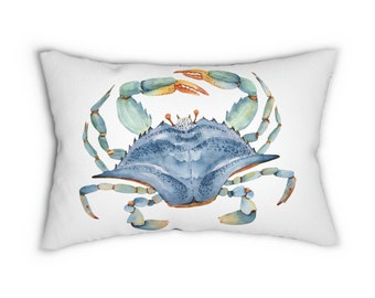 Blue Stone Crab Coastal Home Décor Lumbar Pillow Water color coastal beach home accent throw pillow.