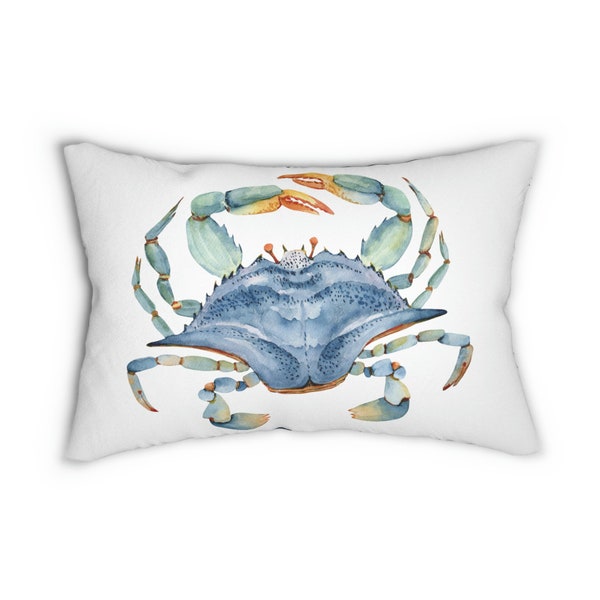 Blue Stone Crab Coastal Home Décor Lumbar Pillow Water color coastal beach home accent throw pillow.