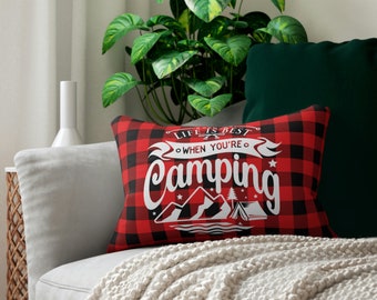 Life is Best when you are Camping, Camper, RV and Home Décor Lumbar Pillow Red and Black Buffalo check