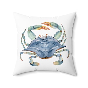 Blue Stone Crab Square Pillow, Nautical Beach House Sailboat Decor, Coastal Throw Cushion, Ocean Theme Pillow, Maritime Living 4 sizes