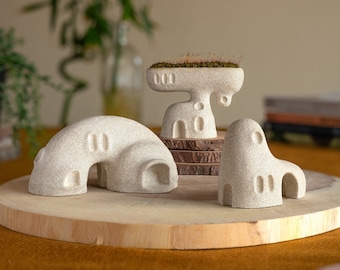 Decorative concrete houses, set of 3 concrete sculptures, minimalist desk decoration, fantasy village, fairy garden houses