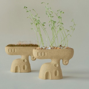 Peut inclure: Deux jardinières en céramique beige au design abstrait. L'une contient des pousses vertes et des cailloux, l'autre de la mousse. Les jardinières ont une surface texturée et une forme fantaisiste, idéales pour les plantes d'intérieur.