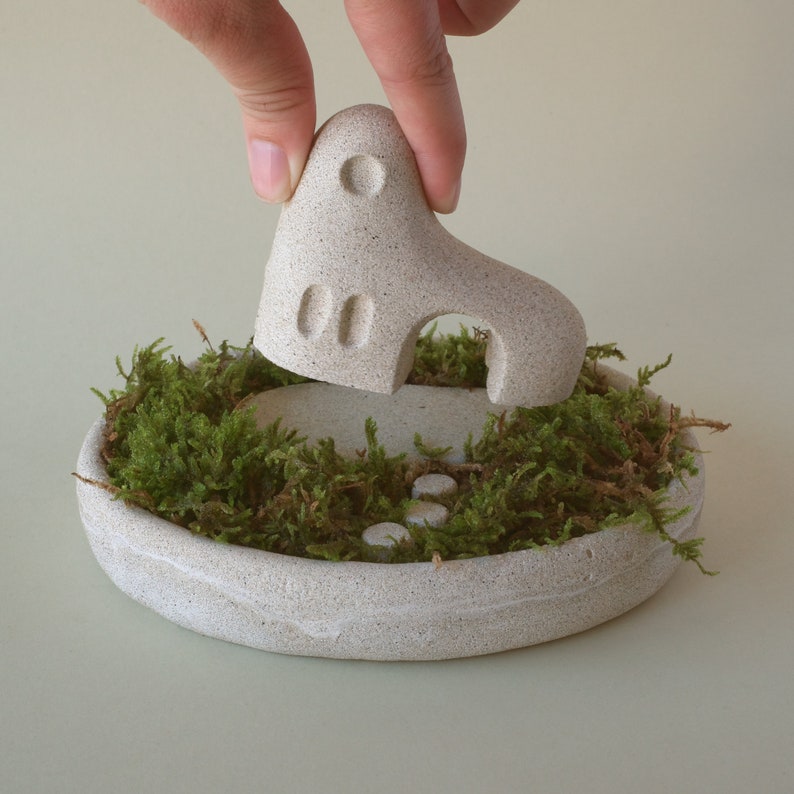 Concrete tray with little house, Village landscape planter, Desk Decoration, Concrete Pot with Moss, moss garden, Office Plant image 3