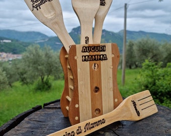 Set Mestoli in legno con contenitore / palette da cucina con incisione personalizzata