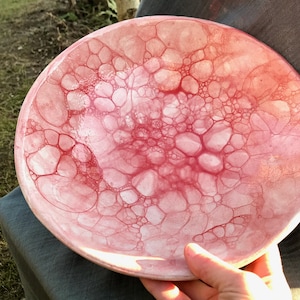 Puede incluir: Un plato redondo de cerámica rosa con un diseño de burbujas en tonos rojos y rosas. El plato tiene un borde elevado y un acabado brillante. El diseño se asemeja a una red de células o burbujas interconectadas.