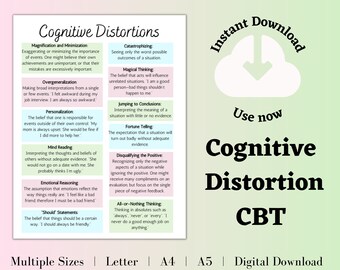 May include: A printable chart with a light pink background and a white cloud with a downward arrow in the upper right corner. The chart lists common cognitive distortions with descriptions. The title is "Cognitive Distortions" and the text is in black. The chart is labeled "Instant Download" and "Use now". The chart is also labeled "Cognitive Distortion CBT" and "Multiple Sizes | Letter | A4 | A5 | Digital Download".
