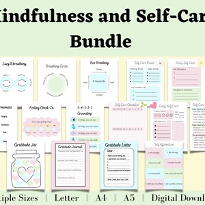 Respiração consciente + planejadores de autocuidado + diário de gratidão + ferramentas de sentimento + cartão de autoafirmação | Para amor próprio e bem-estar mental