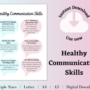 May include: A printable poster with a pink and blue gradient background. The poster features a white cloud with a downward arrow, and the text "Instant Download" and "Use now". Below the cloud is the text "Healthy Communication Skills" in black. The poster also includes four speech bubbles with tips for healthy communication.