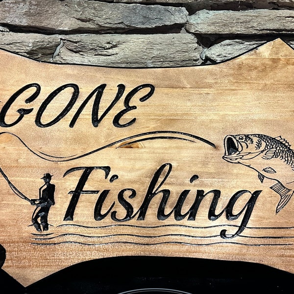 Gone Fishing Plaque vcarve pro, vcarve desktop, crv, svg, dxf, pdf, glowforge, gcode, feed and speed for CNC engraving.