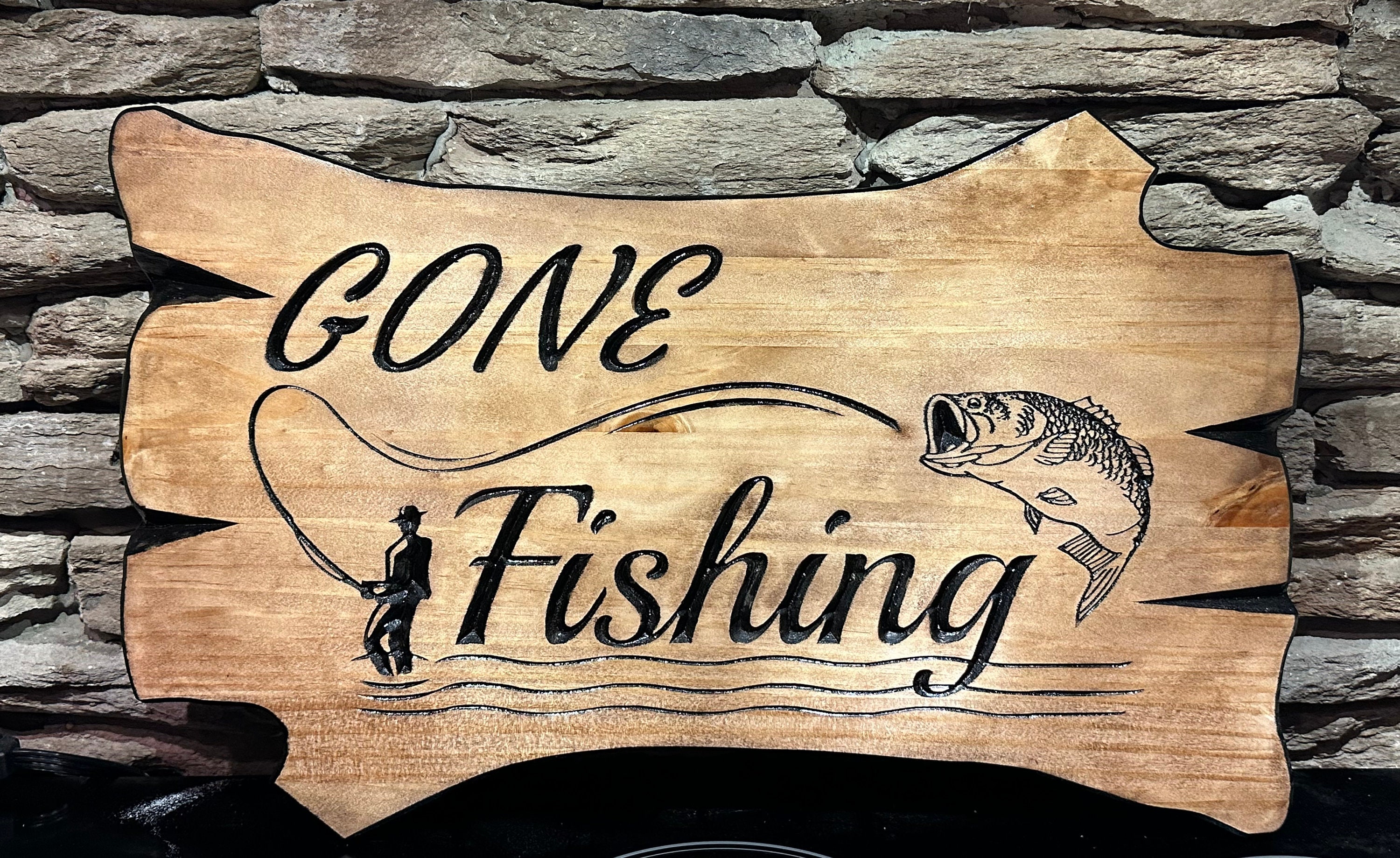 Gone Fishing Sign Black Distressed Rustic Primitive Wood Wall