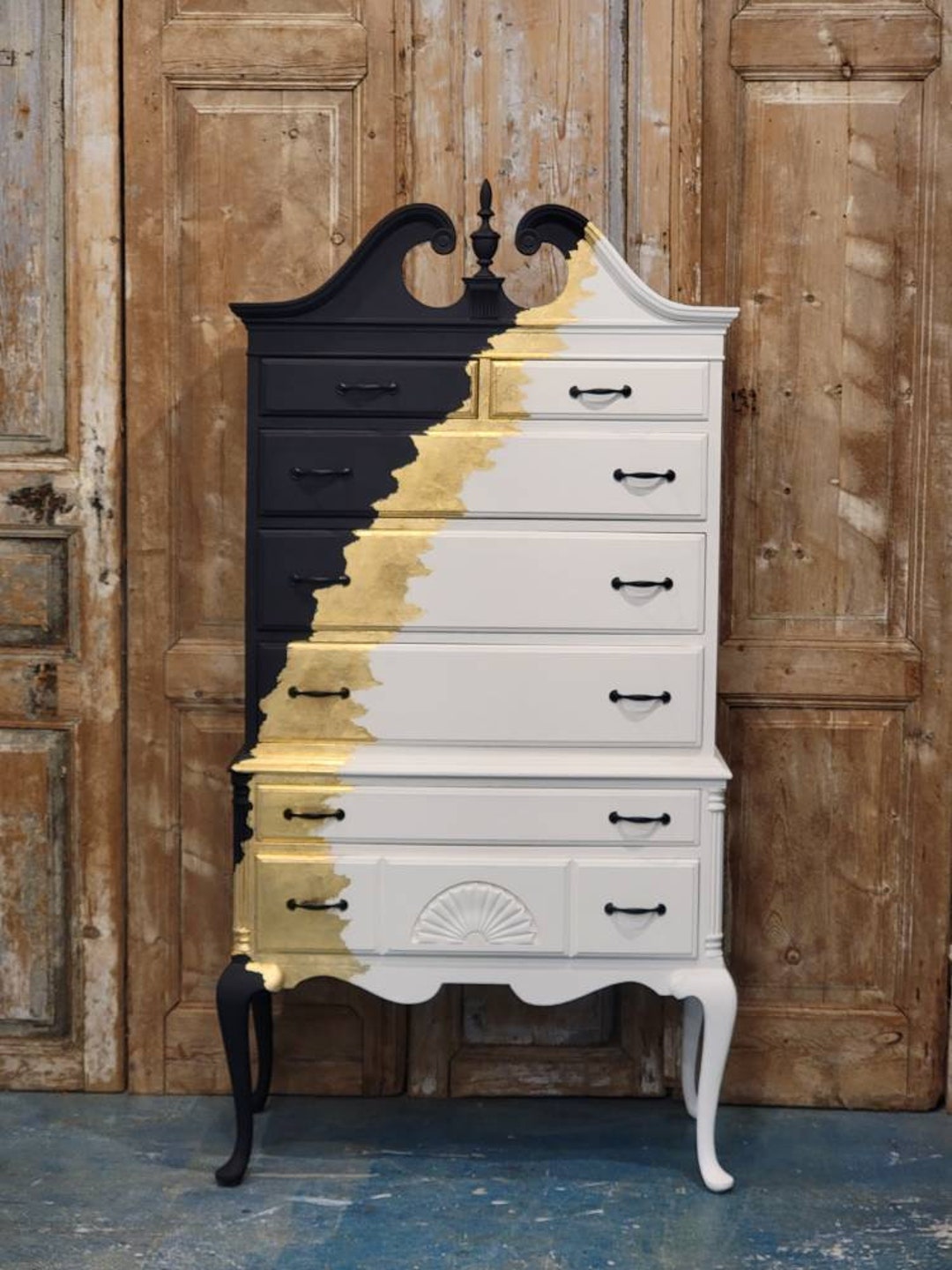 Black and White Vintage Tall Boy Dresser With Gold Leaf Etsy